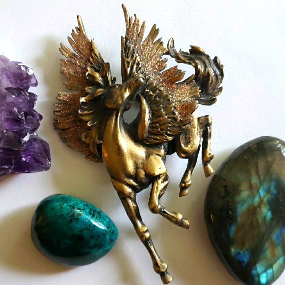 Vintage JJ brass Pegasus brooch